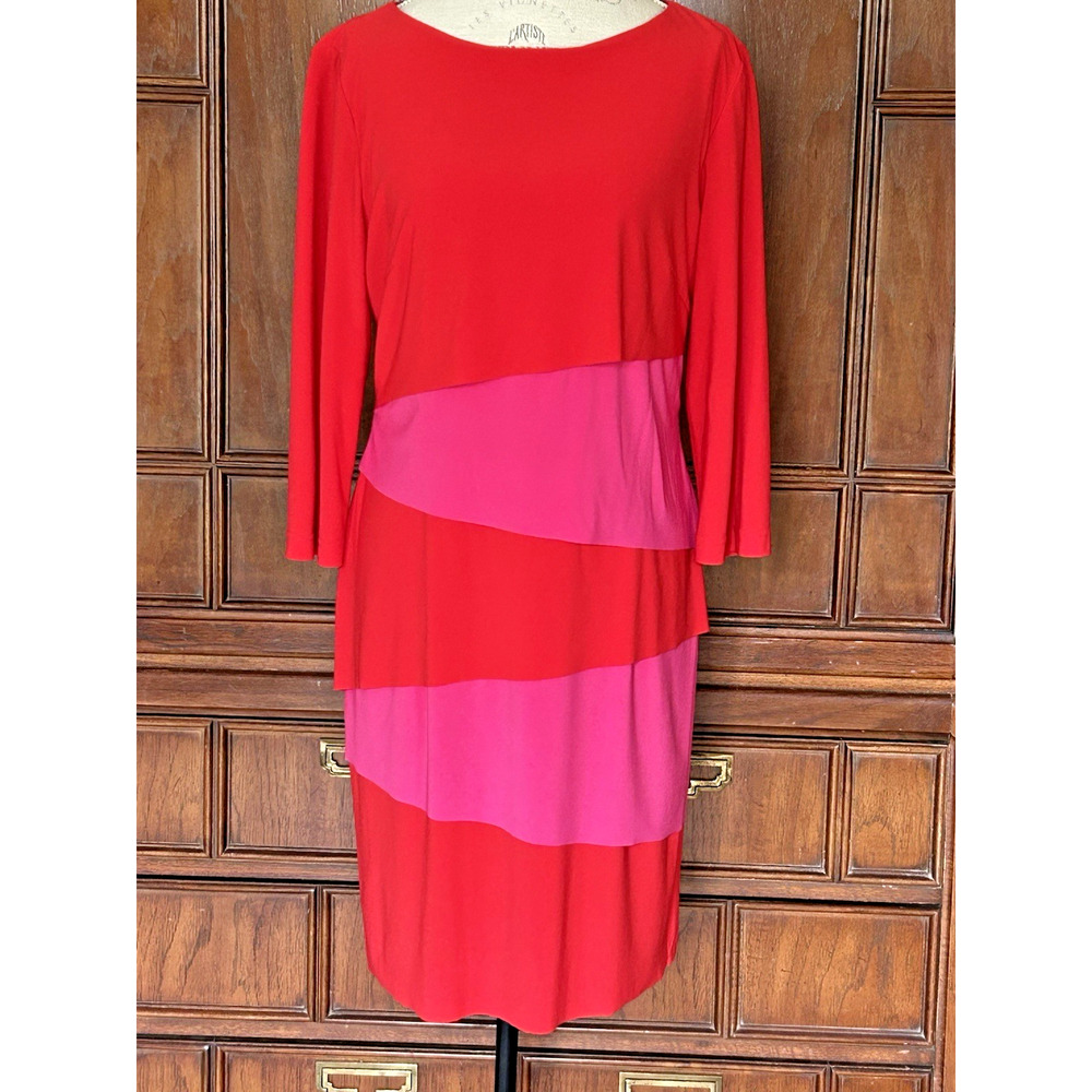 Tahari Arthur S Levine Red Pink Tiered Bandage Sheath Dress 3/4 Sleeve Womens 12